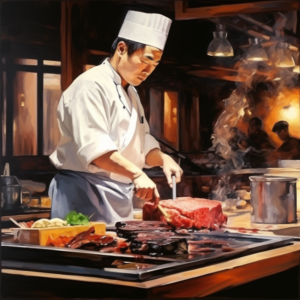 Oil Painting of Japanese Chef preparing Wagyu Beef Teppanyaki